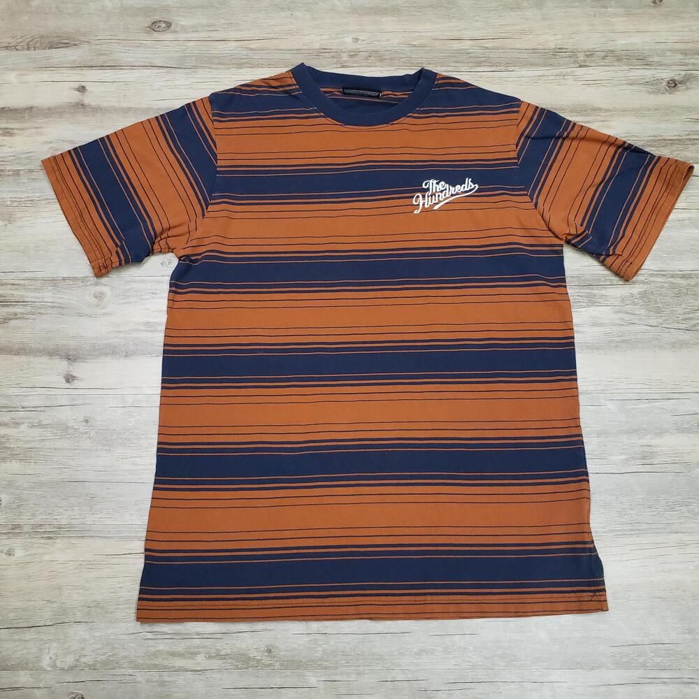 The Hundreds Shirt Mens Small Orange Striped Logo Cotton Tee Casual Crewneck